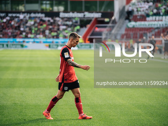 Alejandro Grimaldo of Bayer 04 Leverkusen is seen during the Bundesliga match between Bayer 04 Leverkusen and VfL Wolfsburg at Bay Arena in...