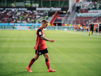 Alejandro Grimaldo of Bayer 04 Leverkusen is seen during the Bundesliga match between Bayer 04 Leverkusen and VfL Wolfsburg at Bay Arena in...