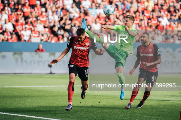 Patrik Schick of Bayer 04 Leverkusen is in action during the Bundesliga match between Bayer 04 Leverkusen and VfL Wolfsburg at Bay Arena in...