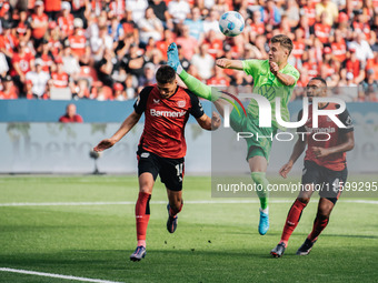 Patrik Schick of Bayer 04 Leverkusen is in action during the Bundesliga match between Bayer 04 Leverkusen and VfL Wolfsburg at Bay Arena in...