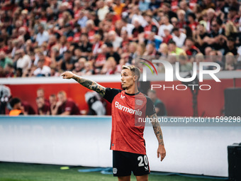 Alejandro Grimaldo of Bayer 04 Leverkusen is in action during the Bundesliga match between Bayer 04 Leverkusen and VfL Wolfsburg at Bay Aren...