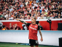 Alejandro Grimaldo of Bayer 04 Leverkusen is in action during the Bundesliga match between Bayer 04 Leverkusen and VfL Wolfsburg at Bay Aren...