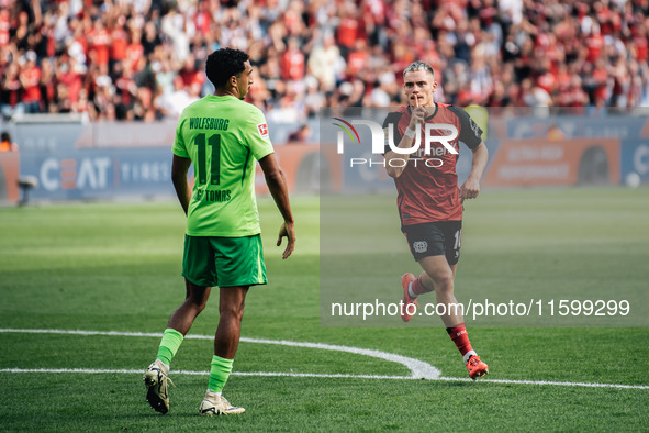 Florian Wirtz of Bayer 04 Leverkusen celebrates his goal during the Bundesliga match between Bayer 04 Leverkusen and VfL Wolfsburg at Bay Ar...