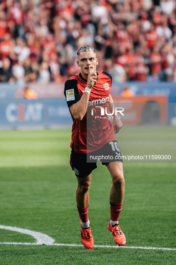 Florian Wirtz of Bayer 04 Leverkusen celebrates his goal during the Bundesliga match between Bayer 04 Leverkusen and VfL Wolfsburg at Bay Ar...