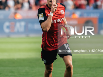 Florian Wirtz of Bayer 04 Leverkusen celebrates his goal during the Bundesliga match between Bayer 04 Leverkusen and VfL Wolfsburg at Bay Ar...