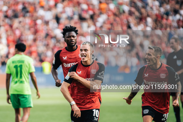 Florian Wirtz of Bayer 04 Leverkusen celebrates his goal during the Bundesliga match between Bayer 04 Leverkusen and VfL Wolfsburg at Bay Ar...