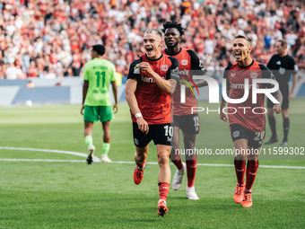 Florian Wirtz of Bayer 04 Leverkusen celebrates his goal during the Bundesliga match between Bayer 04 Leverkusen and VfL Wolfsburg at Bay Ar...