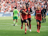 Florian Wirtz of Bayer 04 Leverkusen celebrates his goal during the Bundesliga match between Bayer 04 Leverkusen and VfL Wolfsburg at Bay Ar...