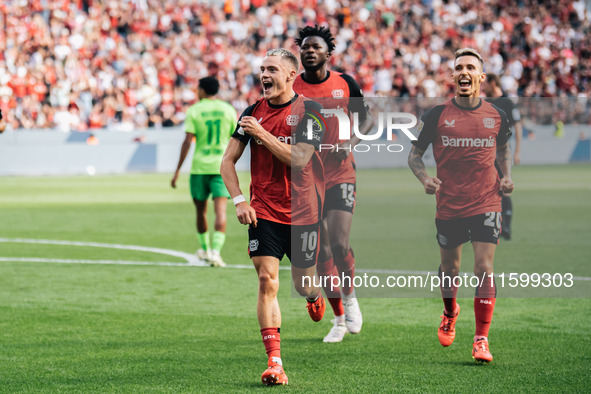 Florian Wirtz of Bayer 04 Leverkusen celebrates his goal during the Bundesliga match between Bayer 04 Leverkusen and VfL Wolfsburg at Bay Ar...