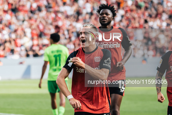 Florian Wirtz of Bayer 04 Leverkusen celebrates his goal during the Bundesliga match between Bayer 04 Leverkusen and VfL Wolfsburg at Bay Ar...