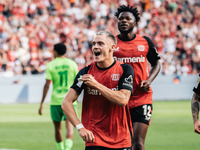 Florian Wirtz of Bayer 04 Leverkusen celebrates his goal during the Bundesliga match between Bayer 04 Leverkusen and VfL Wolfsburg at Bay Ar...