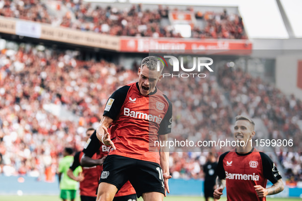 Florian Wirtz of Bayer 04 Leverkusen celebrates his goal during the Bundesliga match between Bayer 04 Leverkusen and VfL Wolfsburg at Bay Ar...