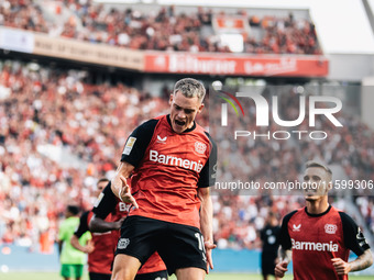 Florian Wirtz of Bayer 04 Leverkusen celebrates his goal during the Bundesliga match between Bayer 04 Leverkusen and VfL Wolfsburg at Bay Ar...