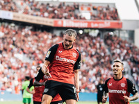 Florian Wirtz of Bayer 04 Leverkusen celebrates his goal during the Bundesliga match between Bayer 04 Leverkusen and VfL Wolfsburg at Bay Ar...