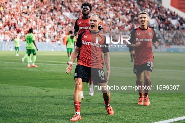 Florian Wirtz of Bayer 04 Leverkusen celebrates his goal during the Bundesliga match between Bayer 04 Leverkusen and VfL Wolfsburg at Bay Ar...