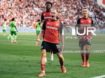 Florian Wirtz of Bayer 04 Leverkusen celebrates his goal during the Bundesliga match between Bayer 04 Leverkusen and VfL Wolfsburg at Bay Ar...