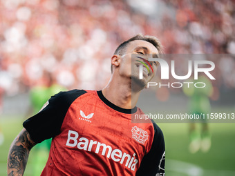 Alejandro Grimaldo of Bayer 04 Leverkusen is in action during the Bundesliga match between Bayer 04 Leverkusen and VfL Wolfsburg at Bay Aren...