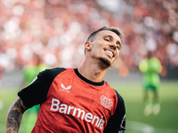 Alejandro Grimaldo of Bayer 04 Leverkusen is in action during the Bundesliga match between Bayer 04 Leverkusen and VfL Wolfsburg at Bay Aren...