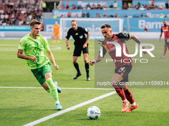 Aleix Garcia of Bayer 04 Leverkusen is in action during the Bundesliga match between Bayer 04 Leverkusen and VfL Wolfsburg at Bay Arena in L...