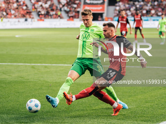 Aleix Garcia of Bayer 04 Leverkusen is in action during the Bundesliga match between Bayer 04 Leverkusen and VfL Wolfsburg at Bay Arena in L...