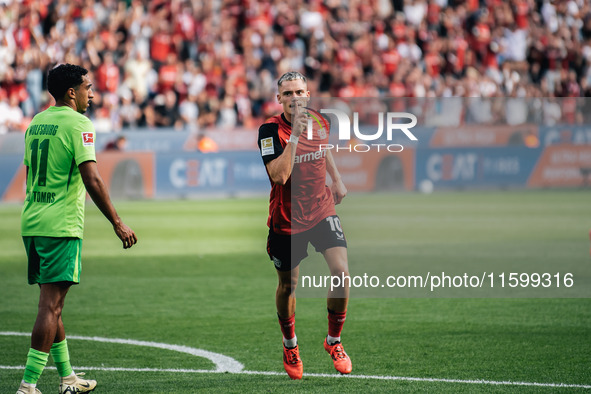 Florian Wirtz of Bayer 04 Leverkusen celebrates his goal during the Bundesliga match between Bayer 04 Leverkusen and VfL Wolfsburg at Bay Ar...