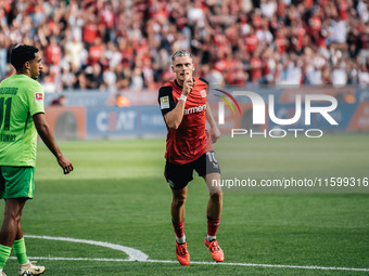 Florian Wirtz of Bayer 04 Leverkusen celebrates his goal during the Bundesliga match between Bayer 04 Leverkusen and VfL Wolfsburg at Bay Ar...