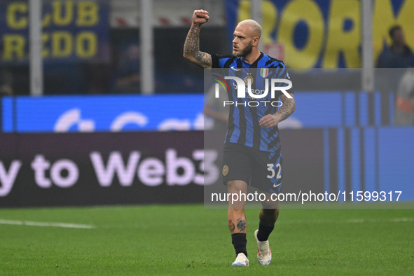 Federico Dimarco of Inter FC celebrates after a goal during the Italian Serie A football match between Inter FC and AC Milan in Milan, Italy...