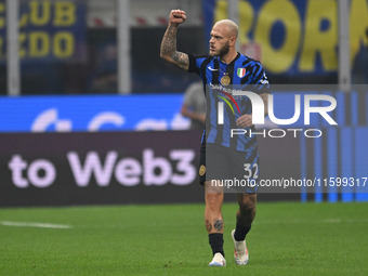 Federico Dimarco of Inter FC celebrates after a goal during the Italian Serie A football match between Inter FC and AC Milan in Milan, Italy...