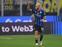 Federico Dimarco of Inter FC celebrates after a goal during the Italian Serie A football match between Inter FC and AC Milan in Milan, Italy...