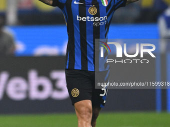 Federico Dimarco of Inter FC celebrates after a goal during the Italian Serie A football match between Inter FC and AC Milan in Milan, Italy...