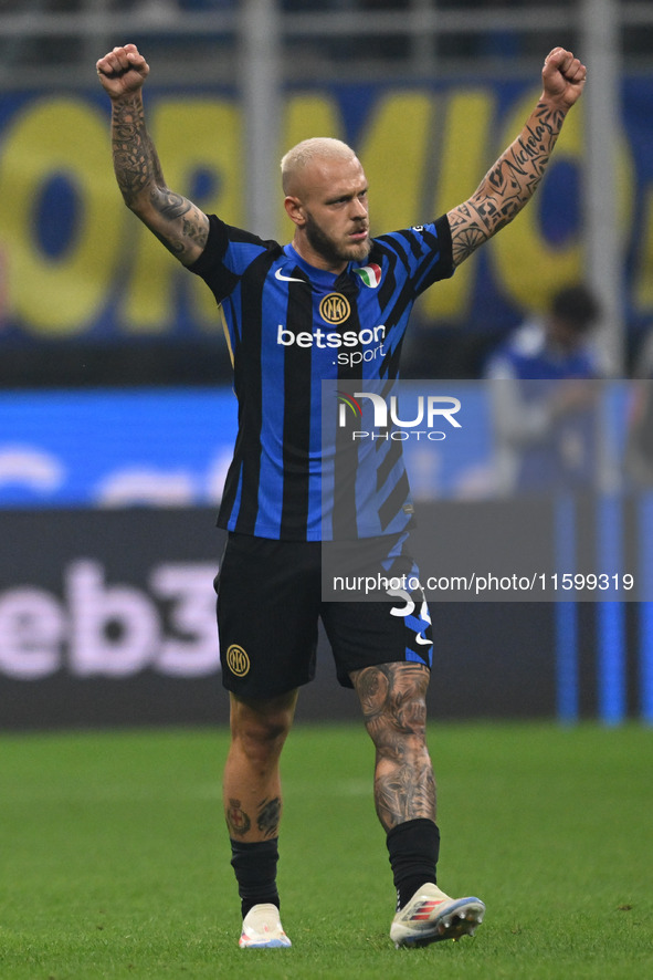 Federico Dimarco of Inter FC celebrates after a goal during the Italian Serie A football match between Inter FC and AC Milan in Milan, Italy...