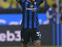 Federico Dimarco of Inter FC celebrates after a goal during the Italian Serie A football match between Inter FC and AC Milan in Milan, Italy...