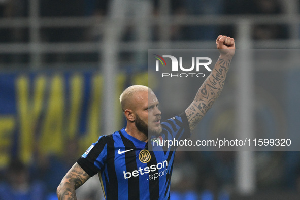 Federico Dimarco of Inter FC celebrates after a goal during the Italian Serie A football match between Inter FC and AC Milan in Milan, Italy...