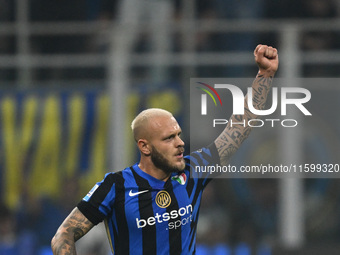 Federico Dimarco of Inter FC celebrates after a goal during the Italian Serie A football match between Inter FC and AC Milan in Milan, Italy...