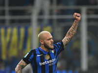 Federico Dimarco of Inter FC celebrates after a goal during the Italian Serie A football match between Inter FC and AC Milan in Milan, Italy...