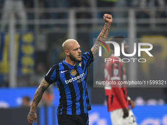 Federico Dimarco of Inter FC celebrates after a goal during the Italian Serie A football match between Inter FC and AC Milan in Milan, Italy...