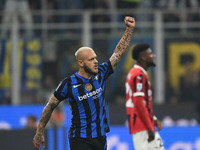 Federico Dimarco of Inter FC celebrates after a goal during the Italian Serie A football match between Inter FC and AC Milan in Milan, Italy...