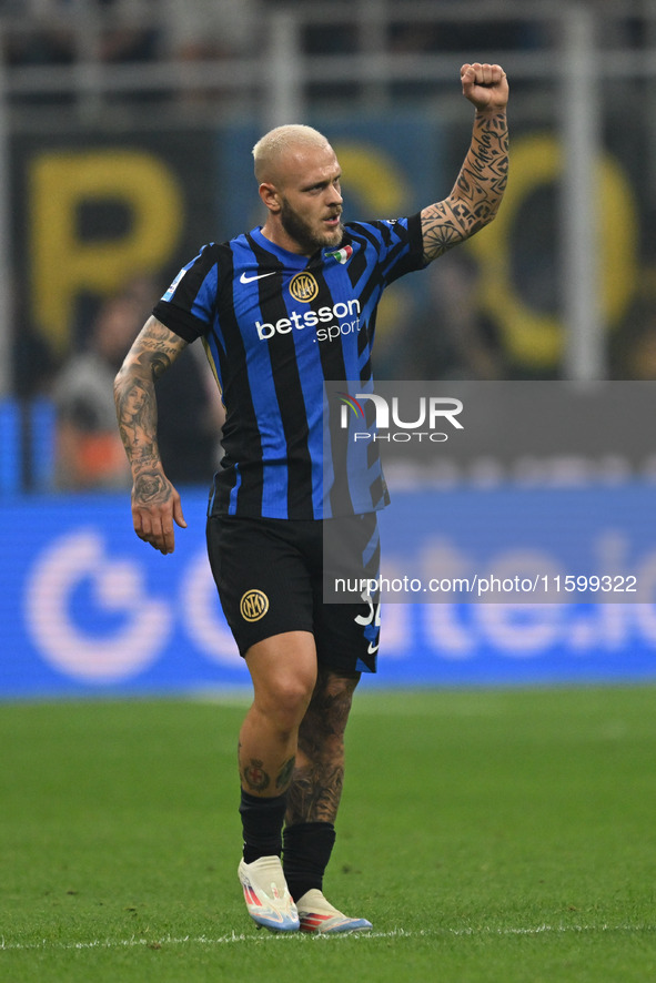 Federico Dimarco of Inter FC celebrates after a goal during the Italian Serie A football match between Inter FC and AC Milan in Milan, Italy...