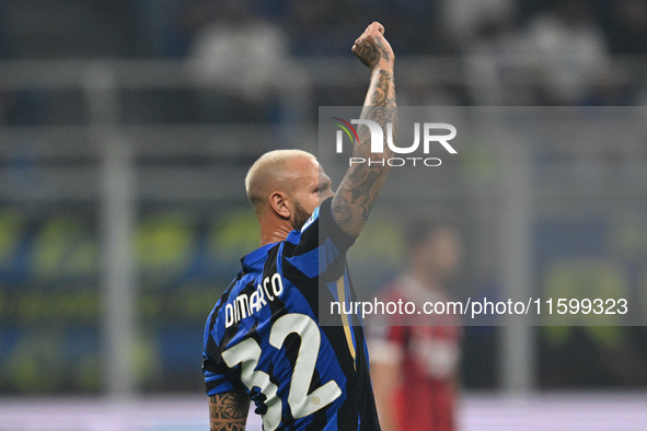 Federico Dimarco of Inter FC celebrates after a goal during the Italian Serie A football match between Inter FC and AC Milan in Milan, Italy...