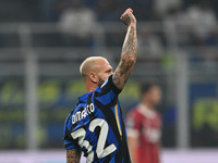 Federico Dimarco of Inter FC celebrates after a goal during the Italian Serie A football match between Inter FC and AC Milan in Milan, Italy...