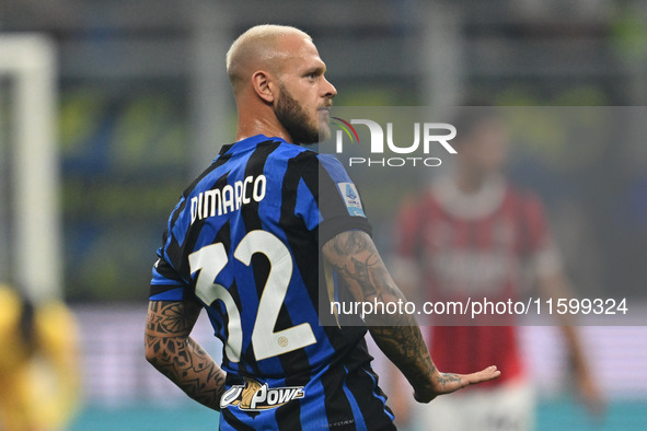 Federico Dimarco of Inter FC celebrates after a goal during the Italian Serie A football match between Inter FC and AC Milan in Milan, Italy...