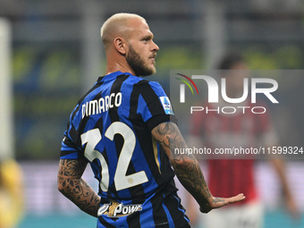 Federico Dimarco of Inter FC celebrates after a goal during the Italian Serie A football match between Inter FC and AC Milan in Milan, Italy...