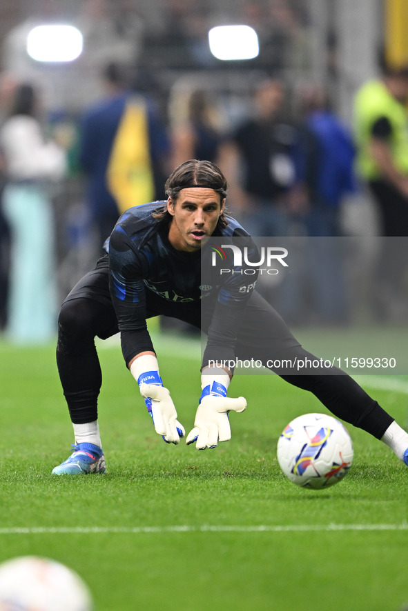 Yann Sommer of Inter FC warms up prior to the Italian Serie A football match between Inter FC and AC Milan in Milan, Italy, on September 22,...