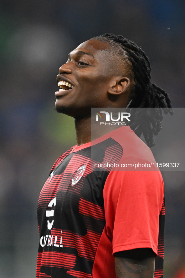 Rafael Leao of AC Milan warms up prior to the Italian Serie A football match between Inter FC and AC Milan in Milan, Italy, on September 22,...