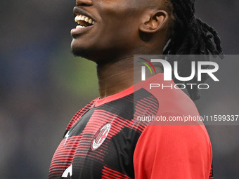 Rafael Leao of AC Milan warms up prior to the Italian Serie A football match between Inter FC and AC Milan in Milan, Italy, on September 22,...