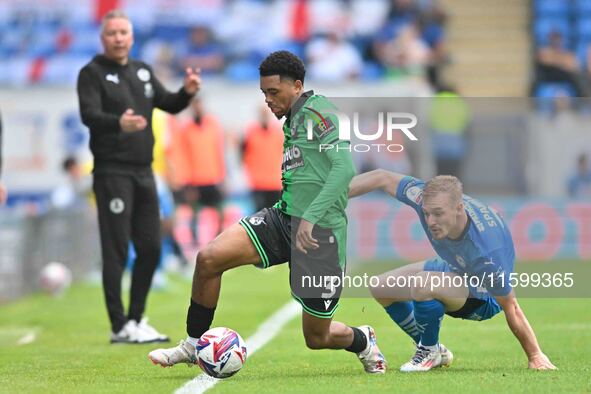 Lino Sousa (3 Bristol Rovers) is challenged by Jack Sparkes (21 Peterborough United) during the Sky Bet League 1 match between Peterborough...