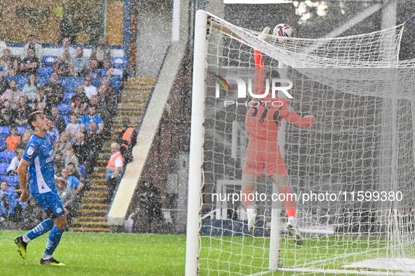 Goalkeeper Jed Steer (31 Peterborough United) tips the ball over during the Sky Bet League 1 match between Peterborough and Bristol Rovers a...