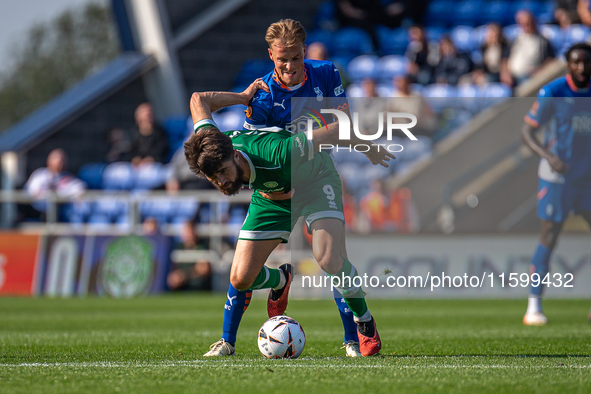 Tom Conlon of Oldham Athletic battles for possession during the Vanarama National League match between Oldham Athletic and Yeovil Town at Bo...