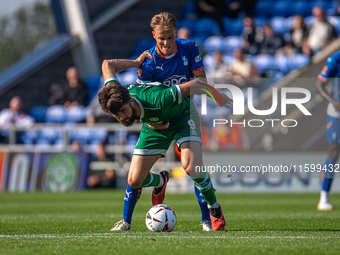 Tom Conlon of Oldham Athletic battles for possession during the Vanarama National League match between Oldham Athletic and Yeovil Town at Bo...