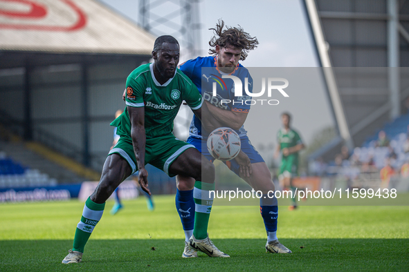 Reagan Ogle of Oldham Athletic battles for possession during the Vanarama National League match between Oldham Athletic and Yeovil Town at B...